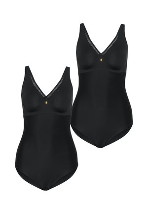 Twee zwarte naadloze shapewear-bodysuits in één stuk met V-hals en mesh afwerking, elk met een klein gouden hangertje aan de voorkant in het midden.