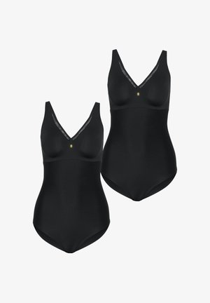 Zwei schwarze nahtlose einteilige Shapewear-Bodyanzüge mit V-Ausschnitt und Netzbesatz, jeweils mit einem kleinen goldenen Anhänger in der Mitte vorne.