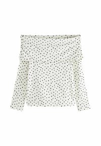 Top off-the-shoulder in tessuto bianco con pois neri, dotato di maniche lunghe e scollatura drappeggiata. Texture liscia in tutto il capo.