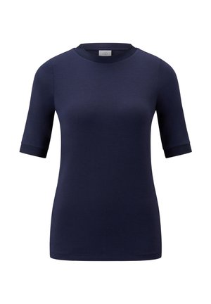 Navy blue short-sleeve t-shirt, round neck, made of smooth fabric; features contrasting cuffs, fitted design, and no visible logos or patterns.