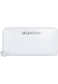 Portafoglio in pelle argento Valentino con finitura testurizzata, chiusura con zip e nome del marchio embosso sulla parte anteriore. Forma rettangolare.