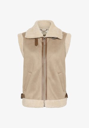 Gilet beige realizzato in materiale morbido, con collo in sherpa, chiusura con zip, tasche laterali e dettagli in pelle su spalle e orlo.
