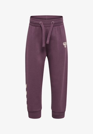 Lilla joggingbukser med elastisk talje, snøre, ribbede manchetter, lille hvidt logo på venstre lår og hvide chevron-striber på venstre ben.