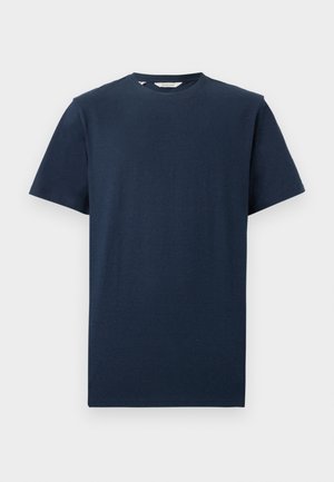 Marineblå kortærmet T-shirt med rund hals og ensfarvet design, vist mod en hvid baggrund.