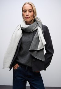 Dark gray jacket with a shawl collar, layered over a gray sweater. A striped gray and white scarf drapes softly around the neck.