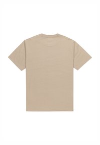 Beige T-Shirt mit kurzen Ärmeln, rundem Ausschnitt und glattem Baumwollstoff. Hat einen schlichten Rücken ohne Muster oder Akzente.
