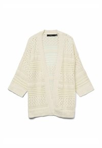 Cardigan lavorato a maglia color crema con apertura frontale, maniche a tre quarti e motivi intricati su tutta la superficie. Il tessuto strutturato aggiunge profondità.