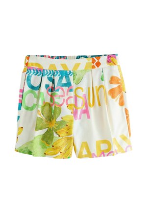 Weiße plissierte Shorts mit mehrfarbigem tropischem Blumen- und Textdruck mit Wörtern wie „Sonne“ und „Paradies“.