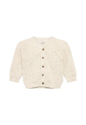 Crèmekleurige gebreide babycardigan met lange mouwen, knoopsluiting en kleine meerkleurige spikkels over de hele stof.