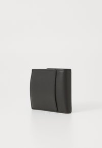 Black leather wallet, rectangular shape, smooth texture, with a side pocket detail and minimal stitching along the edges.