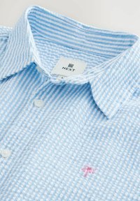 Camicia button-up a righe blu chiaro realizzata in cotone. Presenta un colletto classico e un piccolo ricamo di una palma rosa sul petto.