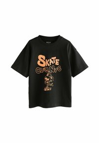 Čierne bavlnené tričko s krátkymi rukávmi, na prednej strane so zaujímavým oranžovým grafickým textom "SKATE CLUB.NYC" a dizajnom karikatúrnej lebky, ktorá jazdí na skateboarde.