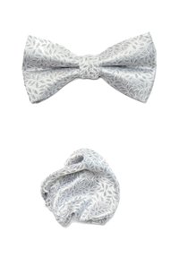 Silvery bow tie with a leaf pattern and smooth texture, paired with a matching pocket square, both featuring subtle sheen and intricate design.