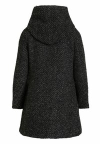 Kapuschong, svart rock med en texturerad, vävd mönster. Har en rak passform och långa ärmar, med en medellång nederkant.