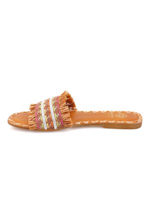 Strappy slide sandal with a tan leather sole, embellished with colorful woven bands and fringe detailing on an open toe design.