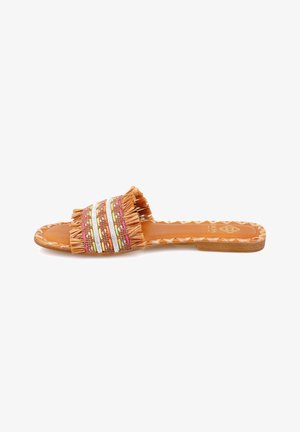 Strappy slide sandal with a tan leather sole, embellished with colorful woven bands and fringe detailing on an open toe design.
