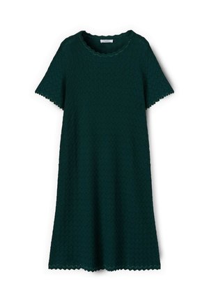 Donkergroene gebreide jurk met korte mouwen, zigzagpatroon, met geschulpte randen aan de mouwen, de halslijn en de zoom, knielengte.