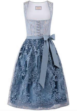 Blue dress featuring a fitted bodice with decorative buttons and a bow at the waist, complemented by an embroidered floral skirt.