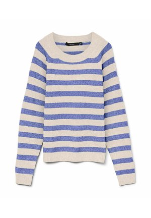 Dryžuota megztinis mėlynos ir kreminės spalvų, pagamintas iš minkštos medžiagos. Turi apvalią iškirptę ir ilgas rankoves su pynimu ant rankogalių ir apačios.