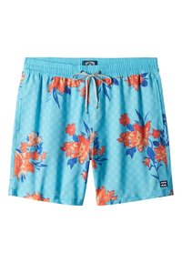 Pantaloni de baie de culoare albastru deschis, cu modele florale vibrante în nuanțe de portocaliu și albastru, talie elastică cu șnur de strângere și patch logo pe lateral.