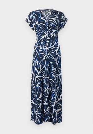 Abito lungo blu navy con motivi a foglia bianchi e blu, scollo a V, maniche corte a cappuccio e chiusura frontale con bottoni. Tessuto dalla texture liscia.