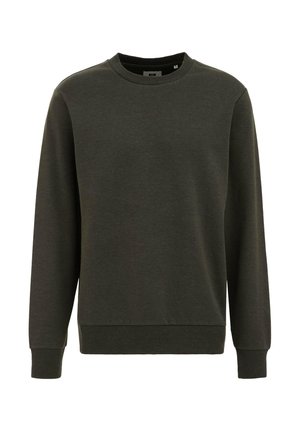 Sweatshirt à col rond vert foncé avec manches longues, poignets et ourlet côtelés, fabriqué en tissu de coton texturé, présentant un design minimaliste.