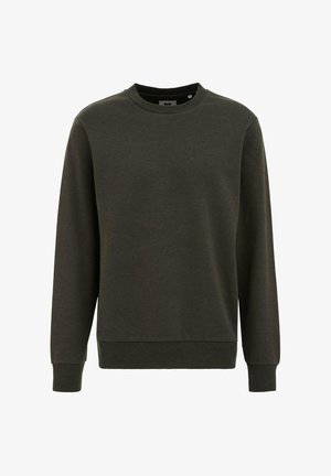 Tumši zaļš kreklu džemperis ar garām piedurknēm, ribotiem aproču un apakšmali, izgatavots no strukturēta kokvilnas auduma, ar minimālistisku dizainu.