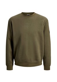Olivegrüner Pullover aus weichem Material, mit Rundhalsausschnitt, gerippten Bündchen und Saum, mit dem subtil eingepressten Wort "CORE" auf der Vorderseite.