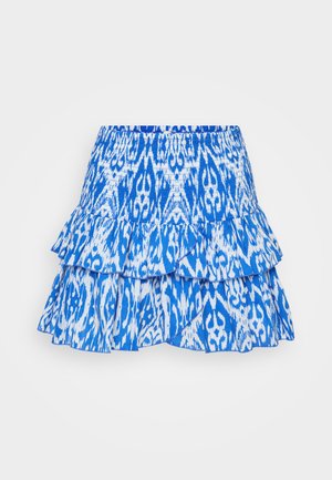 Μπλε φούστα με επίπεδα, με έντονο σχέδιο ikat. Διαθέτει ριγέ στρώματα και ελαστική μέση για ρυθμιζόμενη εφαρμογή. Το υλικό φαίνεται ελαφρύ.