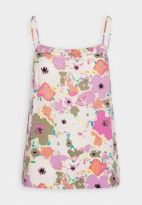 Camisole floral dans des couleurs pastel, avec des fleurs roses, blanches et vertes. Fabriqué en tissu léger avec des bretelles réglables et un col volanté.