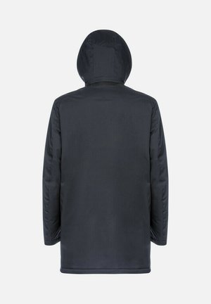 Giacca impermeabile scura con cappuccio, caratterizzata da un design imbottito, maniche lunghe e una texture liscia, mostrata da dietro.