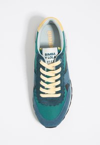 Baskets turquoise et bleues avec lacets crème, accent jaune au talon et texte « BIMBA Y LOLA 1319 » sur la languette, vues de dessus.