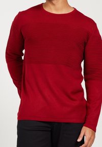 Maglione rosso a maniche lunghe con texture a righe orizzontali sul petto, tessuto liscio e design a girocollo.