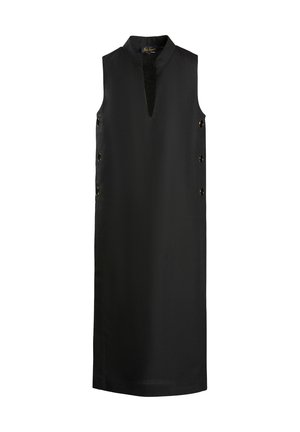 Robe noire sans manches avec un décolleté en V et des accents de boutons latéraux ; faite d'un tissu lisse avec une silhouette droite et une coupe au genou.