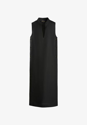 Vestido negro sin mangas con escote en V y detalles de botones en el lateral; hecho de una tela suave con una silueta recta y diseño hasta la rodilla.