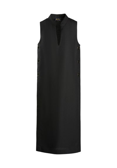 Black sleeveless dress with a v-neck and side button accents; made of smooth fabric with a straight silhouette and knee-length design.