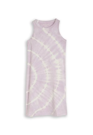 Sukienka bez rękawów do kolan w kolorze lawendowym z białym wzorem tie-dye w kształcie spiral oraz okrągłym dekoltem, ułożona płasko na białym tle.