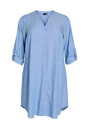 Light blue long-sleeve tunic shirt with button-down front, rolled-up sleeves, and a round collar neckline.