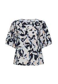 Korte mouwen top van een lichtgewicht stof, met een abstract bloemmotief in zwart, blauw en beige tinten; ronde halslijn en sluiting op de rug.