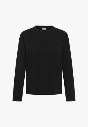 Fekete, hosszú ujjú póló sima anyagból, kerek nyakkal és egyenes szabással. Nincsenek látható minták vagy díszítések.