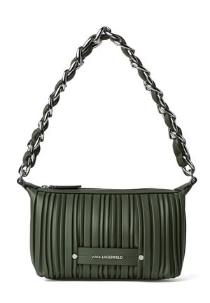 Dark green pleated handbag with silver chain strap and zipped top, featuring a small metal logo plaque on the front.