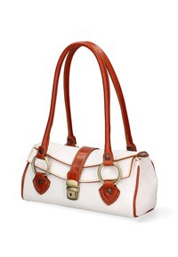 Borsa bianca con accenti in pelle marrone, dotata di chiusura a lucchetto, due anelli rotondi e spalline doppie. Superfici lisce e testurizzate.