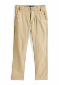 Chinos en coton beige avec une coupe droite, dotés de deux poches avant et d'une fermeture par bouton. Texture subtile et design de taille standard.