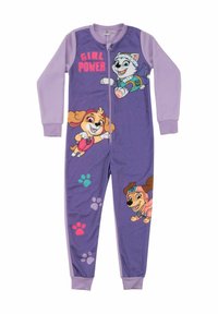 Tuta in pile viola con zip frontale, personaggi di cani dei cartoni animati, testo "GIRL POWER" e impronte colorate sulle gambe inferiori.