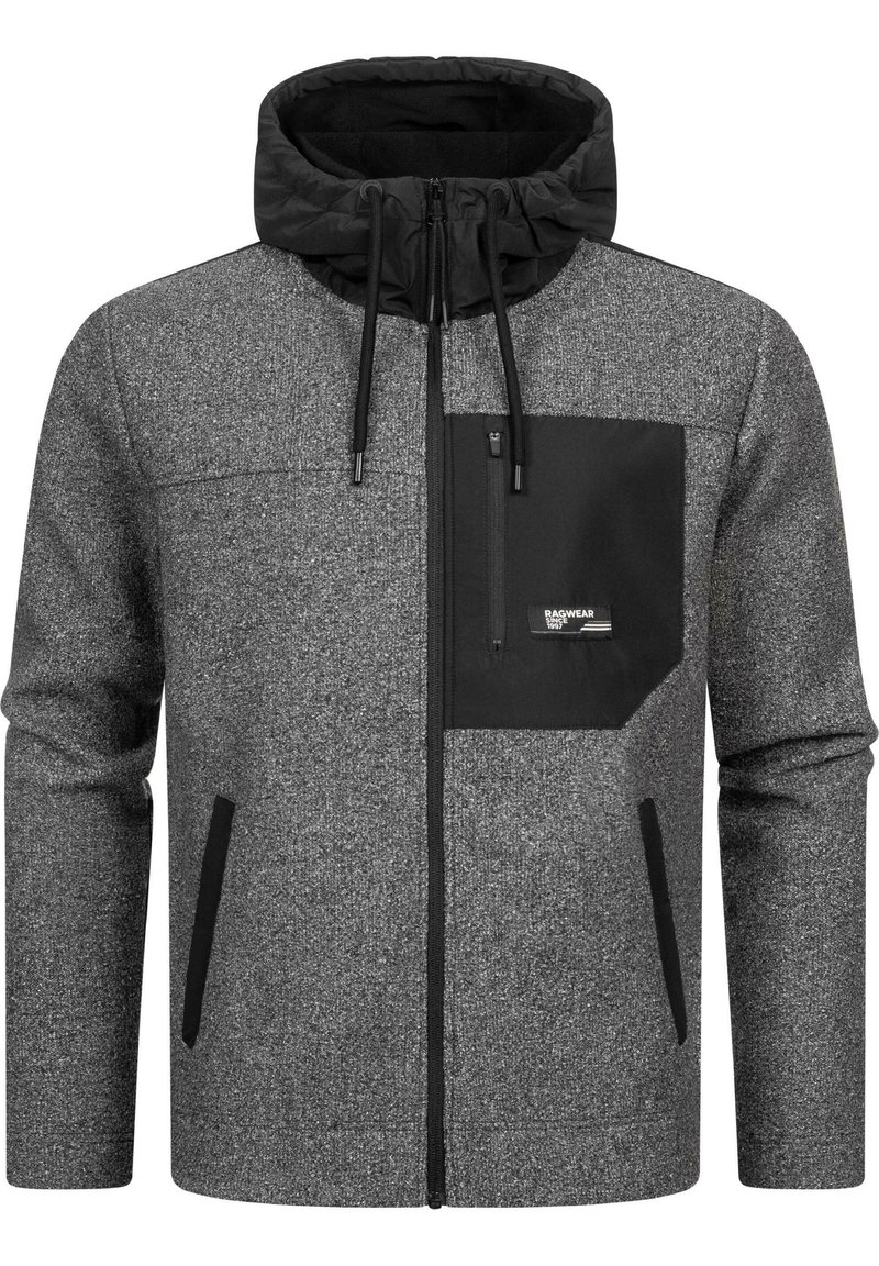 Gray jacket with a black hood, featuring a zippered chest pocket, two side pockets, and a textured fabric design.