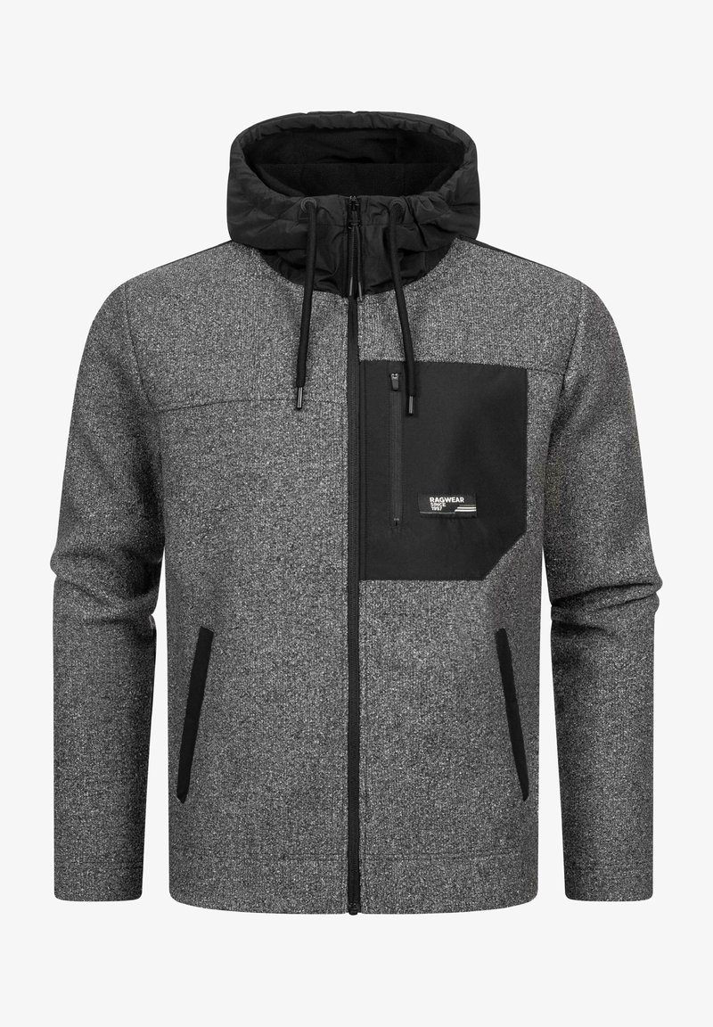 Szary kurtka z czarnym kapturem, z suwakową kieszenią na piersi, dwoma bocznymi kieszeniami i teksturowanym wzorem materiału.