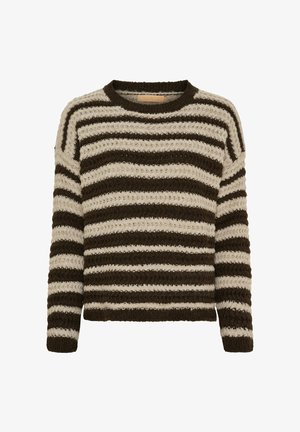 Strikket sweater med skiftende tykke brune og cremefarvede striber, strikket tekstur, rund halsudskæring og lange ærmer.