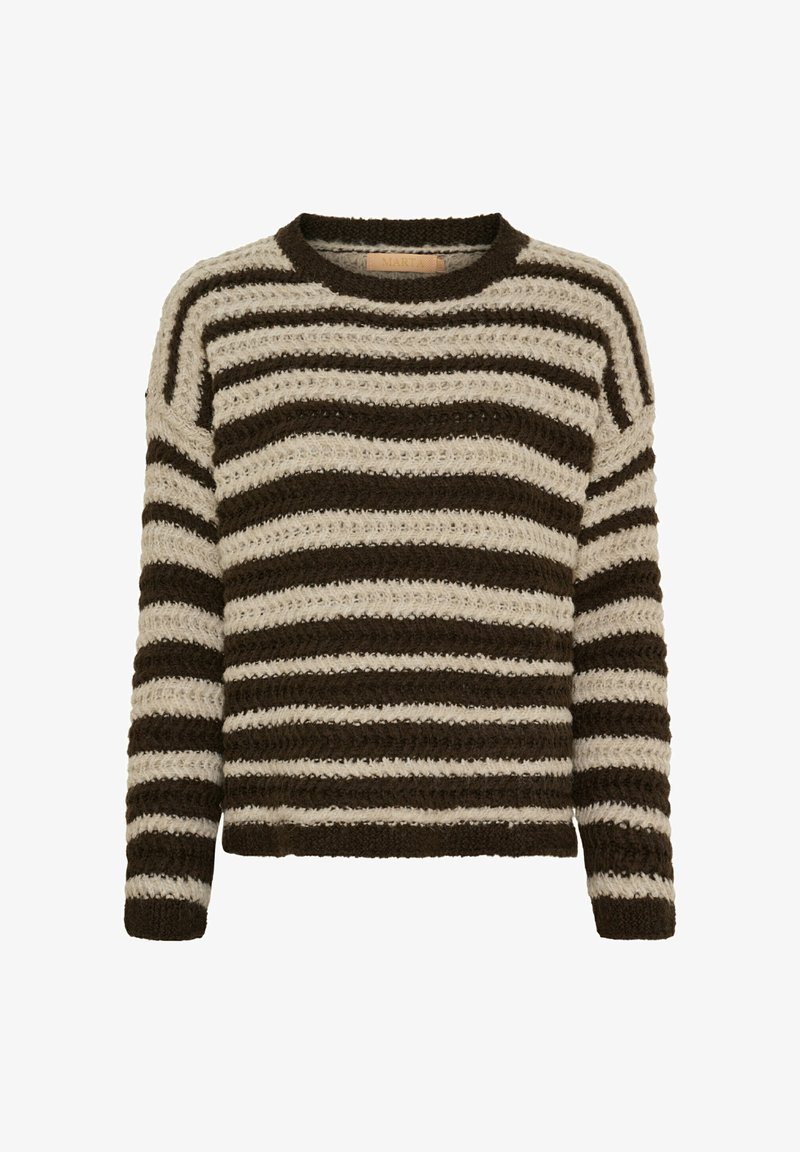 Strikket sweater med skiftende tykke brune og cremefarvede striber, strikket tekstur, rund halsudskæring og lange ærmer.