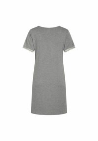 Camicia da notte grigia con maniche corte, realizzata in tessuto morbido. Collo rotondo con bordo in pizzo sui lati delle maniche. Design semplice e dritto.