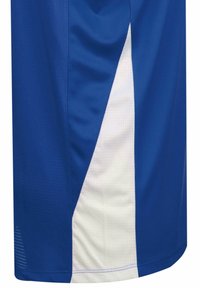 Pantaloni sportivi blu con pannello laterale bianco, realizzati in tessuto traspirante. Presentano una texture liscia e una vestibilità rilassata con orlo curvo.
